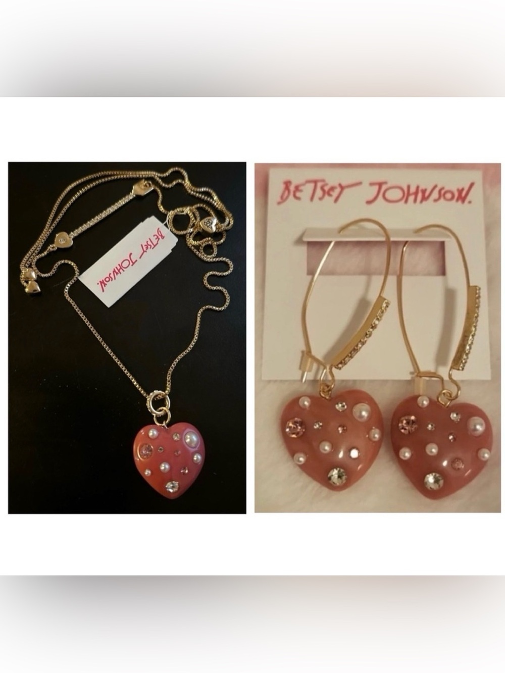 BETSEY JOHNSON SET Valentine’s Pink Marbled Heart Necklace and Earrings NEW NWT